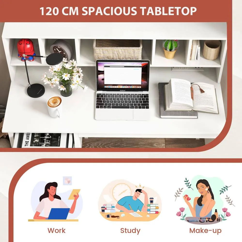 Costway Computer Desk 120 CM Writing Desk with Power Outlets & Drawers in White 5