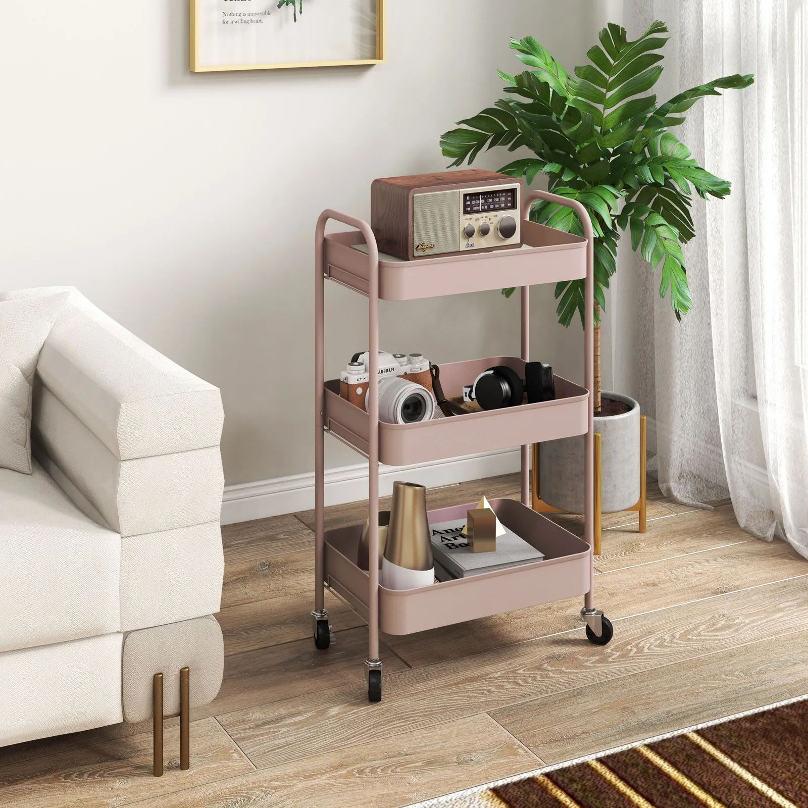 HOMCOM 3 Tier Rolling Utility Cart with 3 Mesh Basket in Pink 1