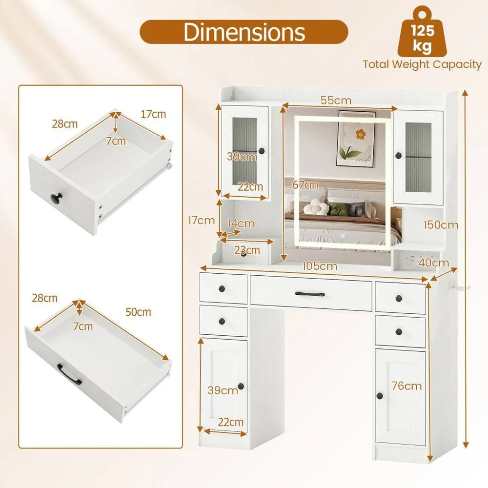 Costway Modern Dressing Table Vanity Desk with Mirror & Lights in White 5