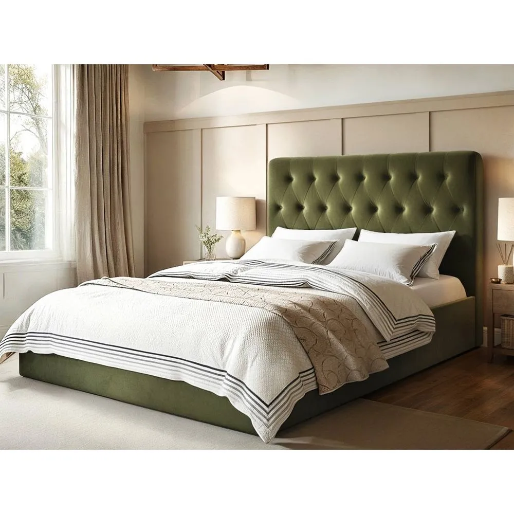 Flair Marley Buttoned Headboard Ottoman Bed Green Velvet