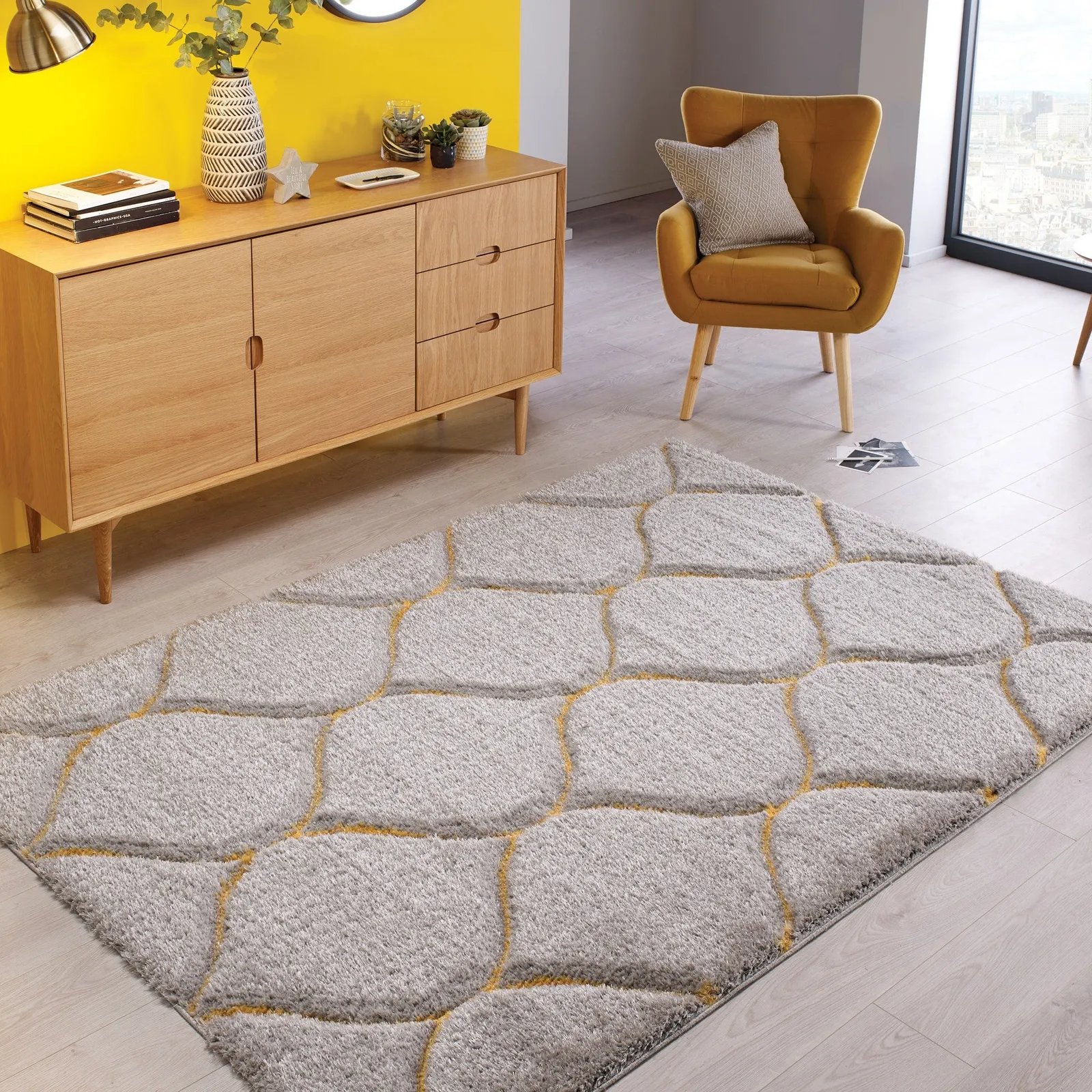 Sirocca Shaggy Geometric Rug Ochre