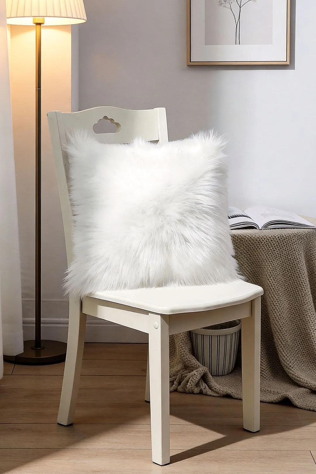 Living and Home 45*45cm Fluffy Faux Wool White Cushion Cover
