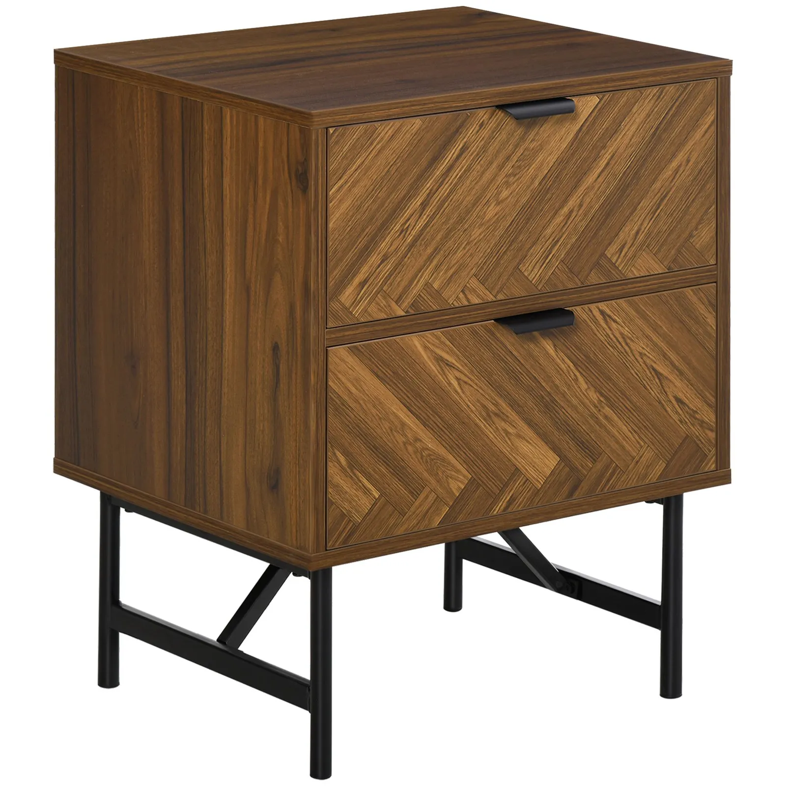 HOMCOM Two Drawer Herringbone Bedside Table Home Side Cabinet Storage in Brown 2