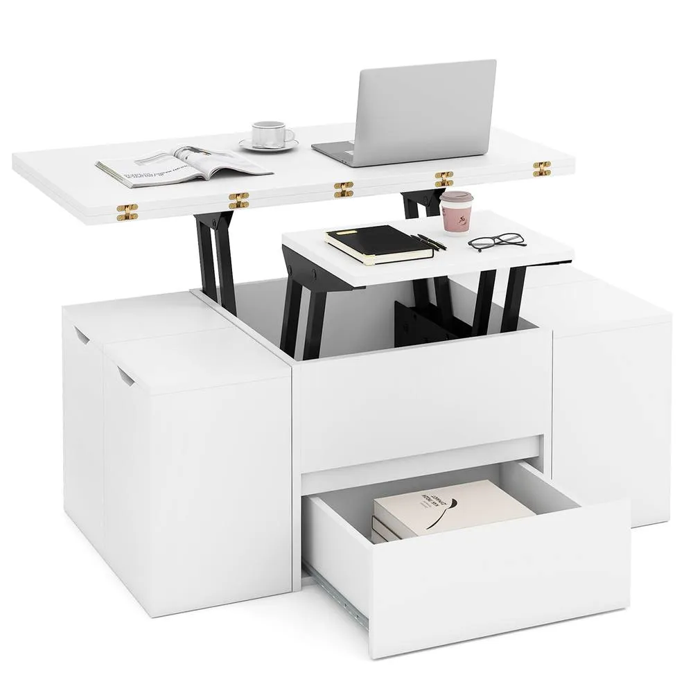 Costway Lift Top Coffee Table with 4 Storage Stools in White 3