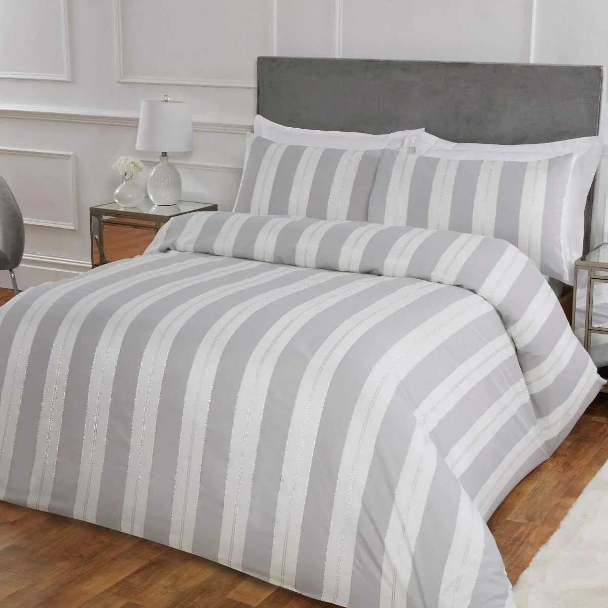 Smart Living Luxury Hotel Quality Lurex Stripe Jacquard Duvet Cover with Pillowcases in Silver