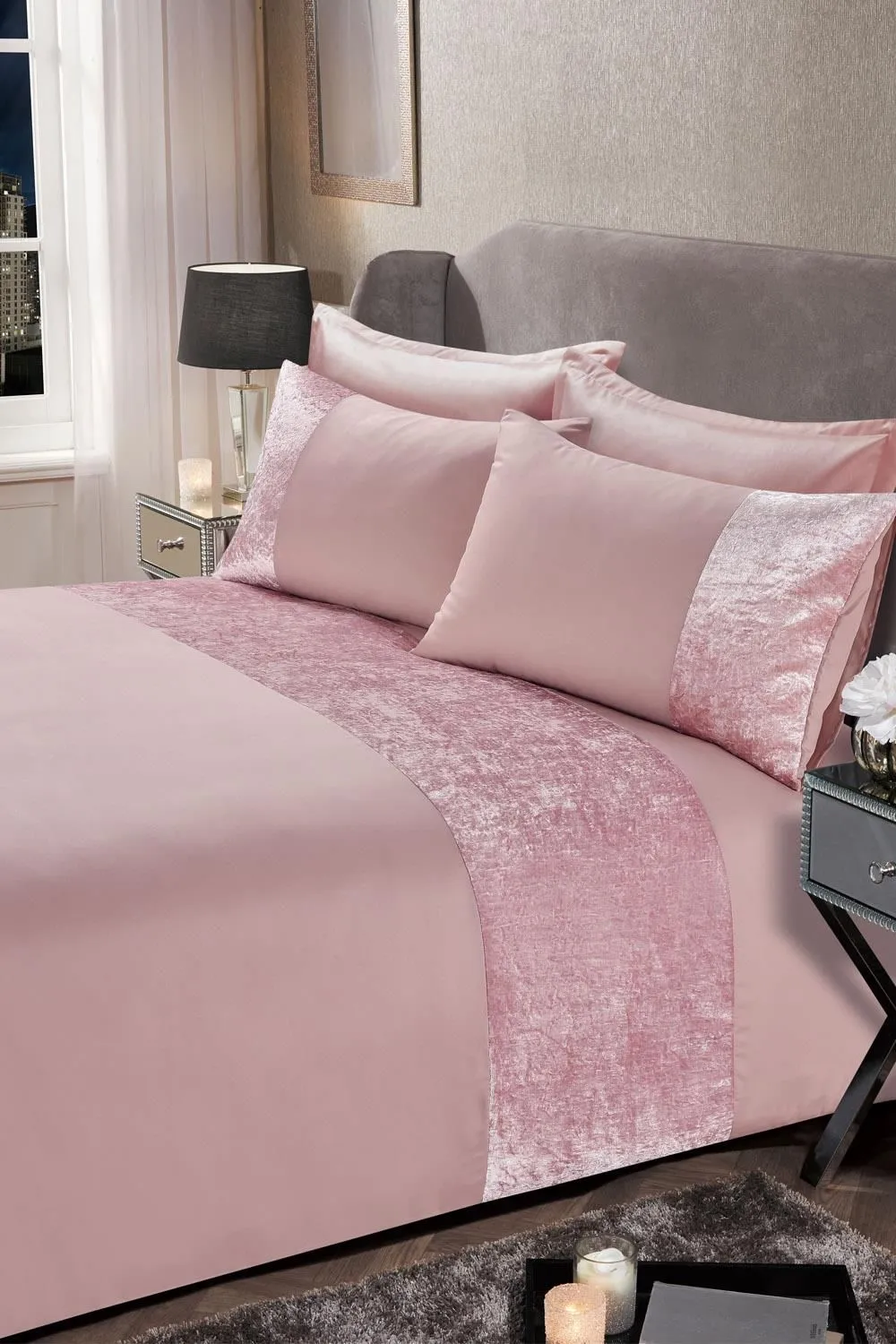 OHS Crushed Velvet Panel Duvet Cover with Pillow Case Set in Light Pink