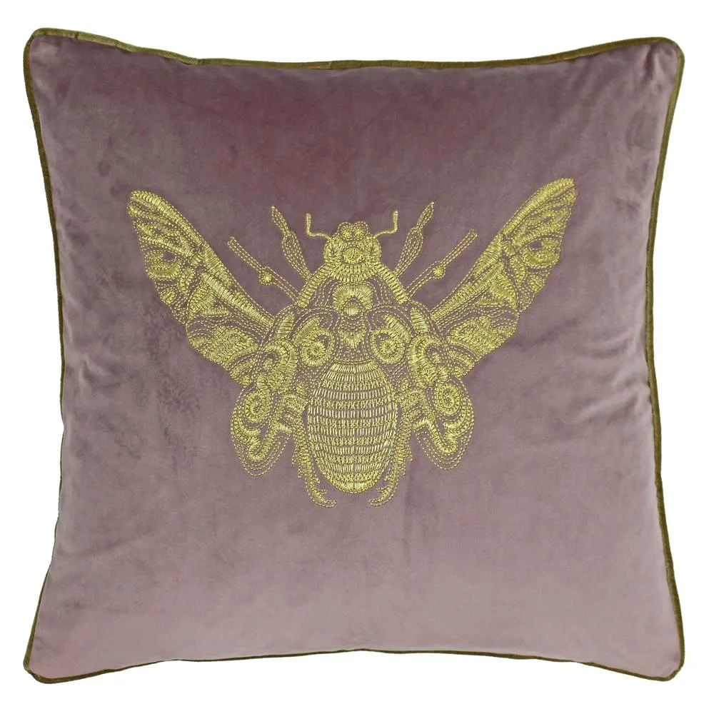 Paoletti Cerana Embroidered Bee Velvet Cushion in Dark Pink 2