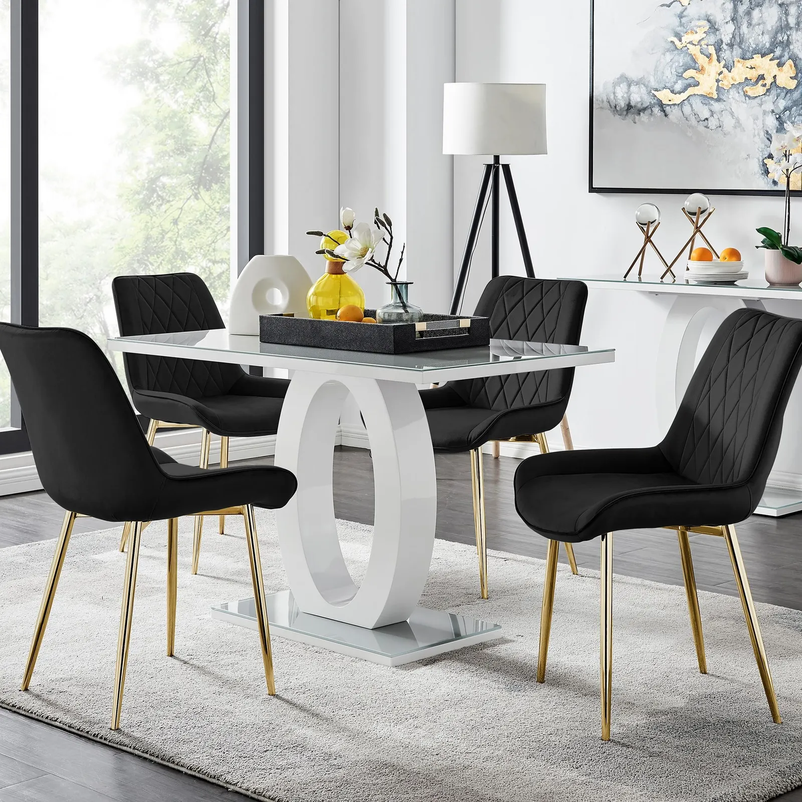 FurnitureboxUK Giovani 4 Grey Dining Table & 4 Pesaro Gold Leg Chairs in Black 1