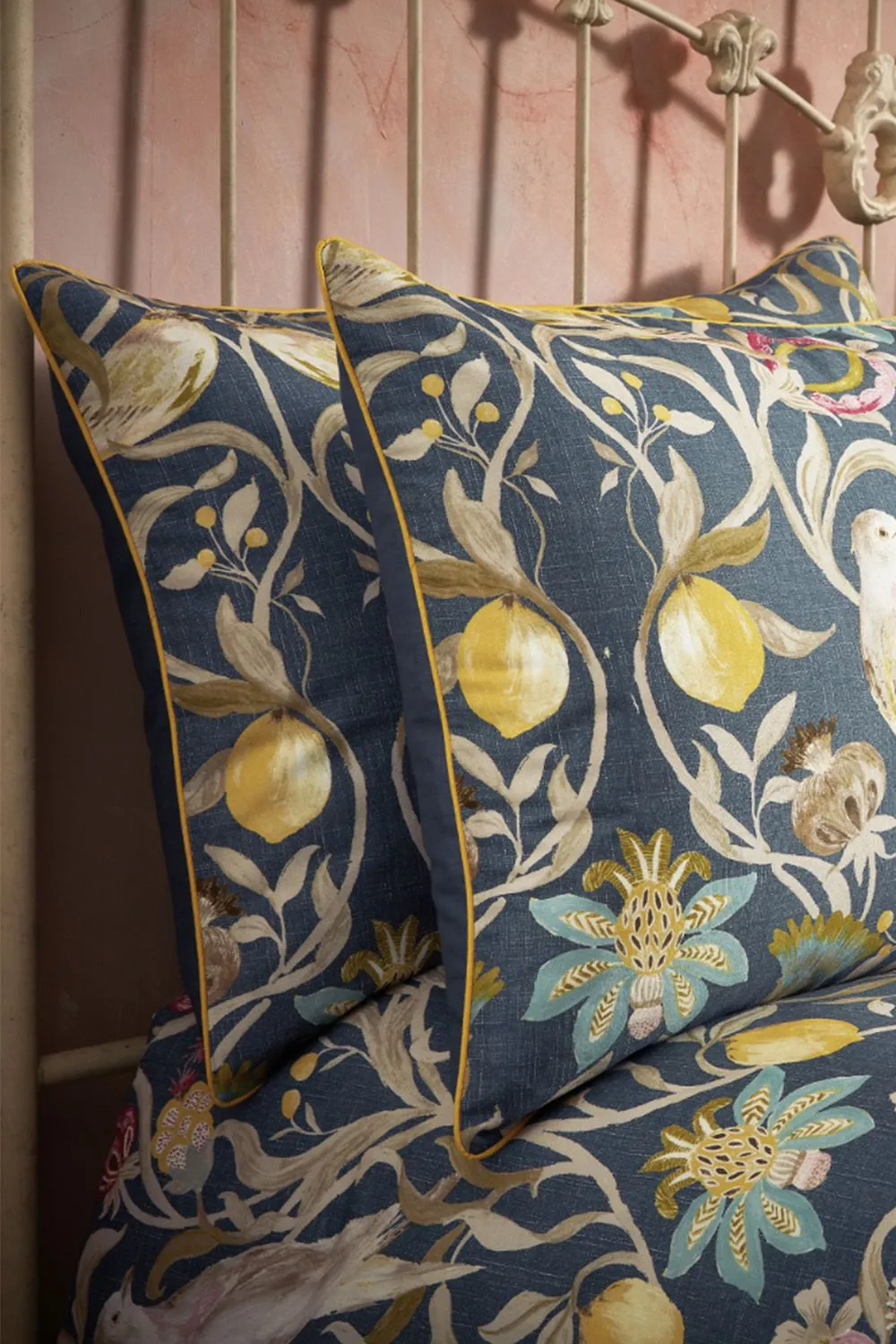 Edinburgh Weavers Songbird Floral Birds Luxury Cotton Piped Pair of Pillowcases in Navy
