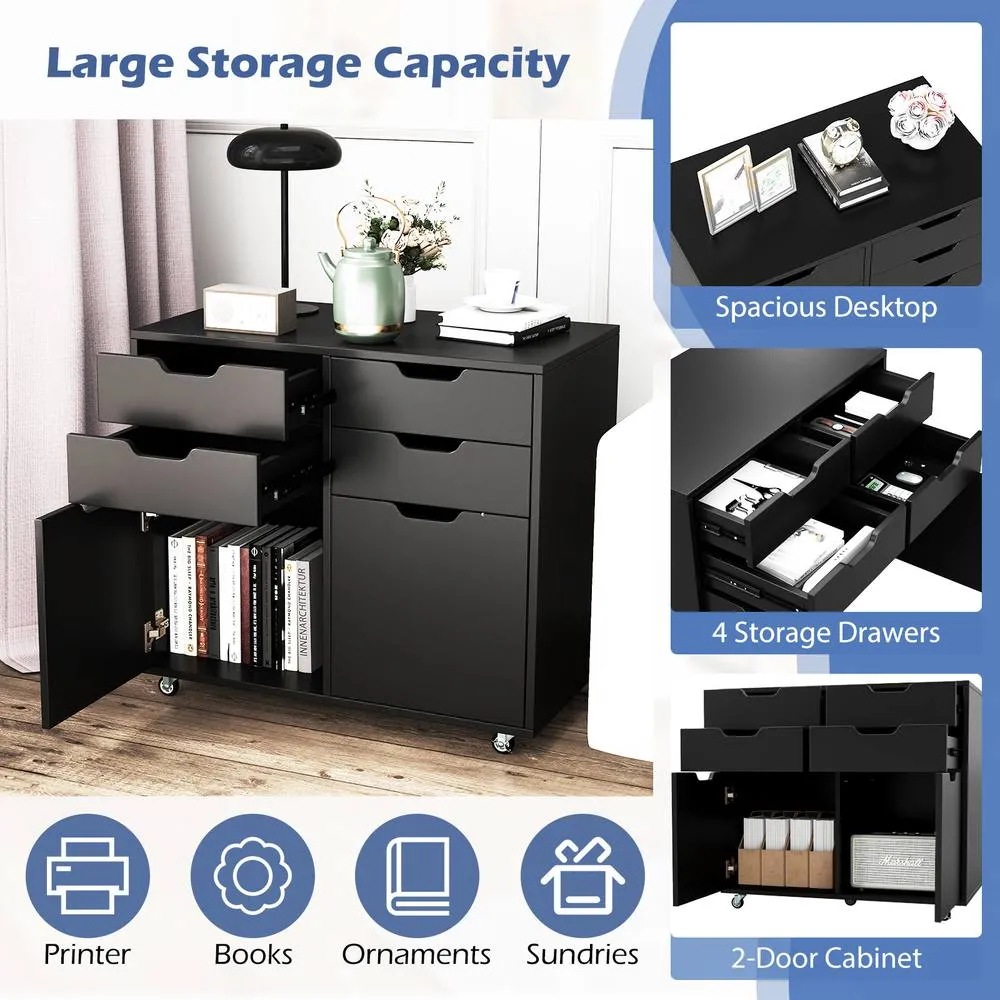 Costway 4 Drawer Dresser Chest Mobile Storage Cabinet w/Universal Wheels in Black 4