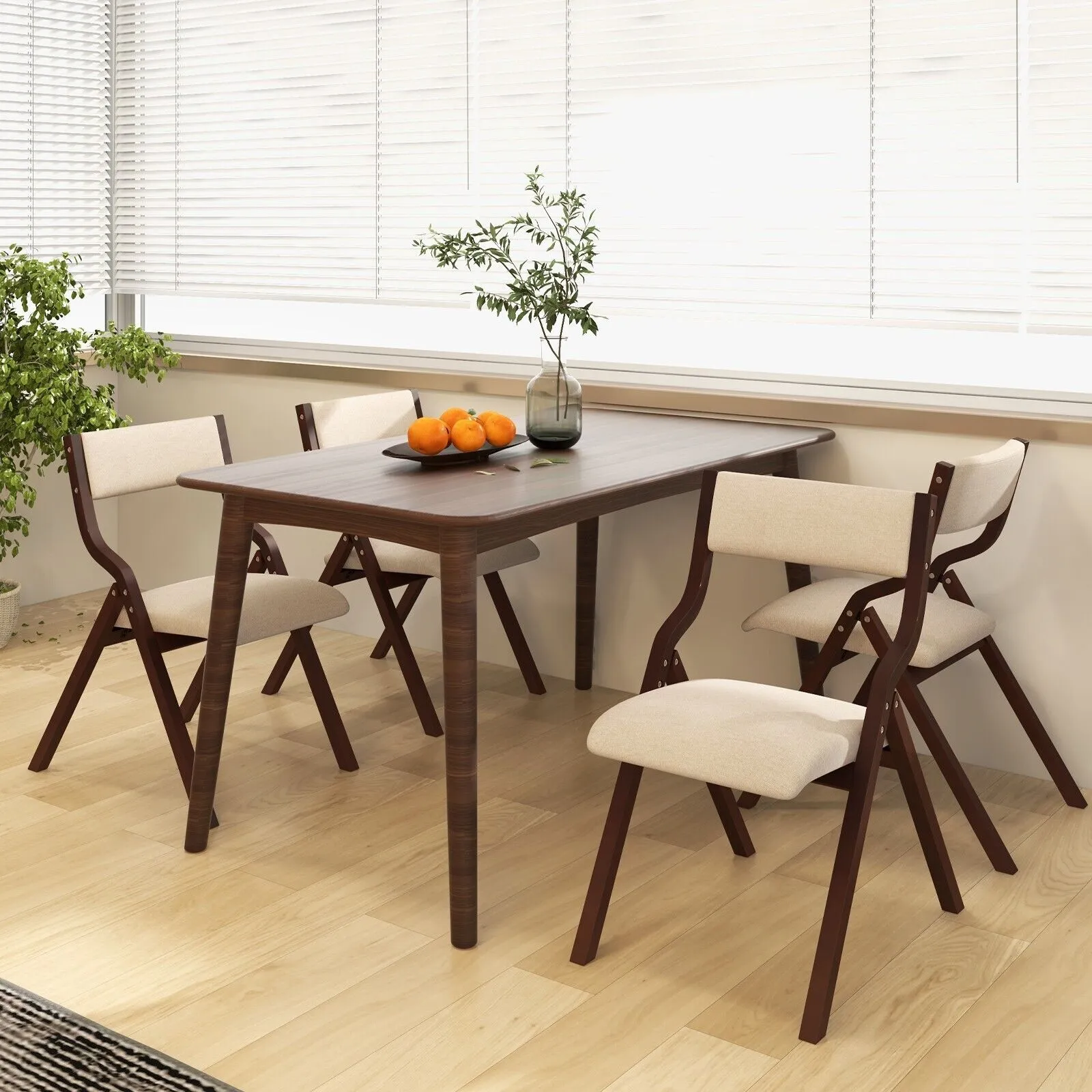 Costway Set of 2 Padded Folding Chair Wooden Counter Dining Chairs W/ Linen Fabric Seat in Brown 4