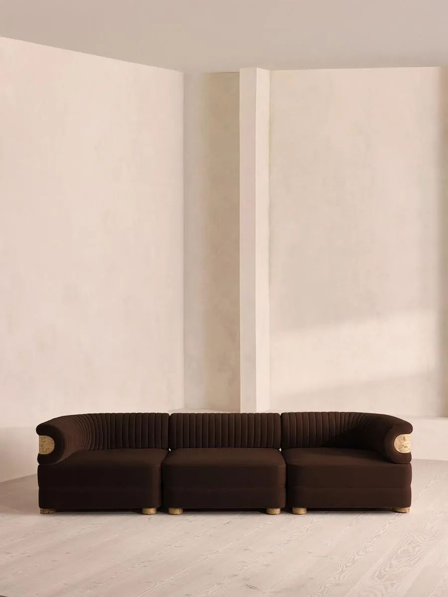 Caleb Modular Four Seater Sofa, Velvet, Chocolate, Blonde Burl