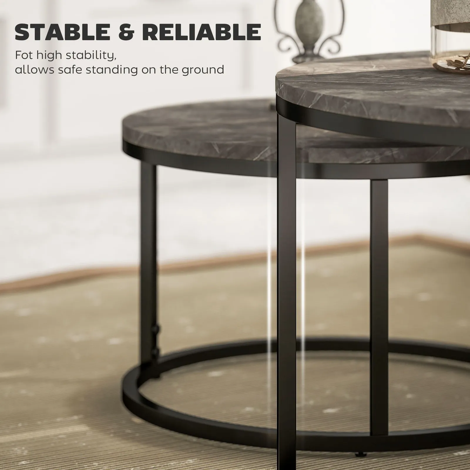 HOMCOM 2 Pcs Stacking Coffee Table Set Steel Frame Marble-Effect Top Foot Pads in Dark Grey 6