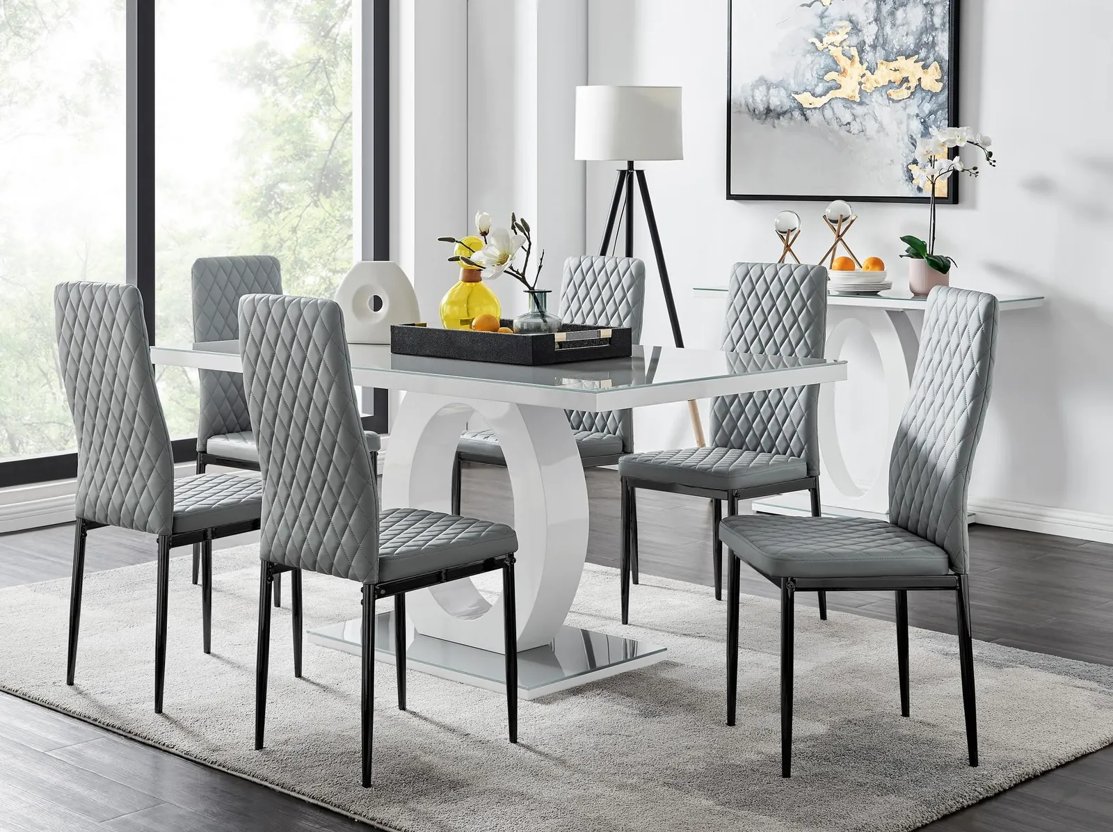 FurnitureboxUK Giovani 6-Seater Grey Glass Dining Table & 6 Milan Faux Leather Dining Chairs 1
