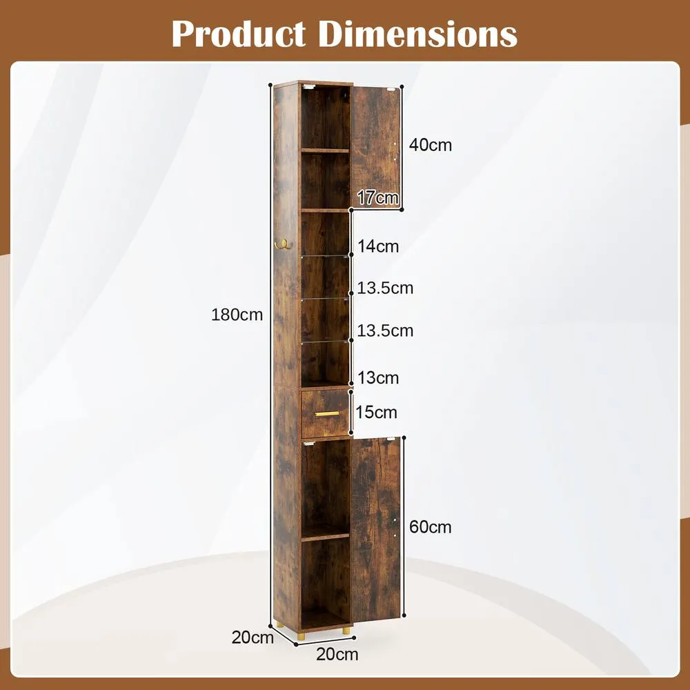 Costway 180 cm Tall Bathroom Cabinet Narrow Storage Organizer w/ 3 Doors in Brown 2