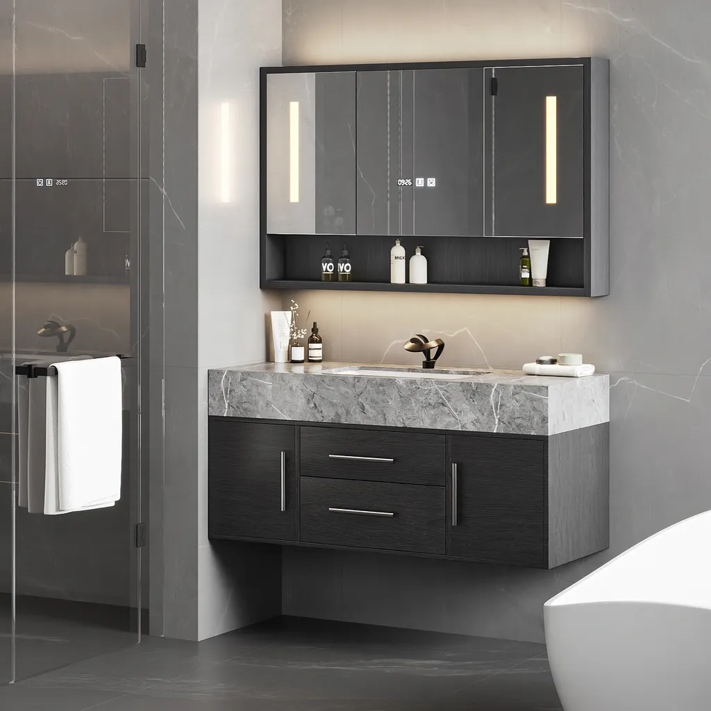 100cm Black Floating Bathroom Vanity Set with LED Mirror Cabinet