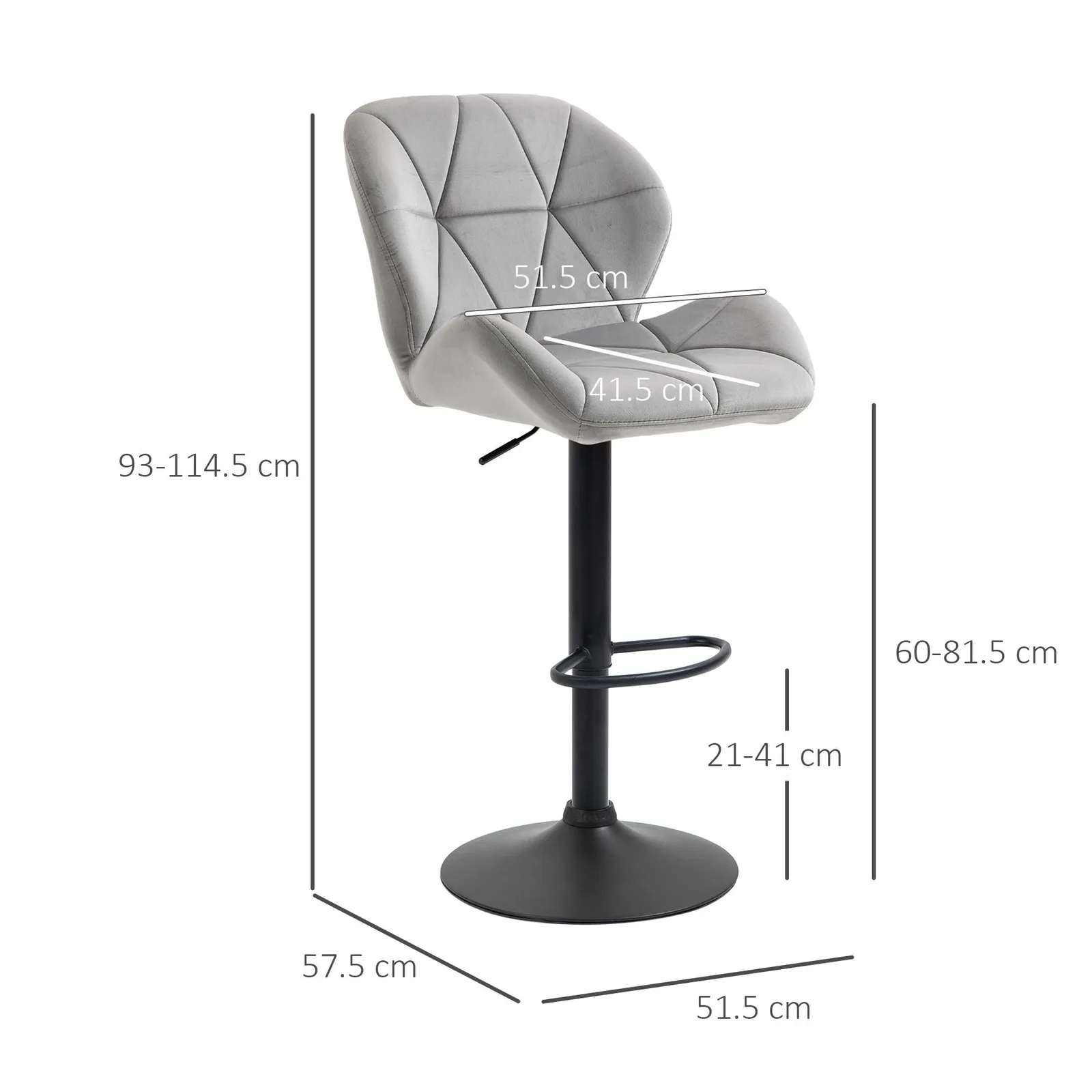 HOMCOM Velvet Bar Stools Set of 2 Back Padded Swivel Chairs for Breakfast in Light Grey 3
