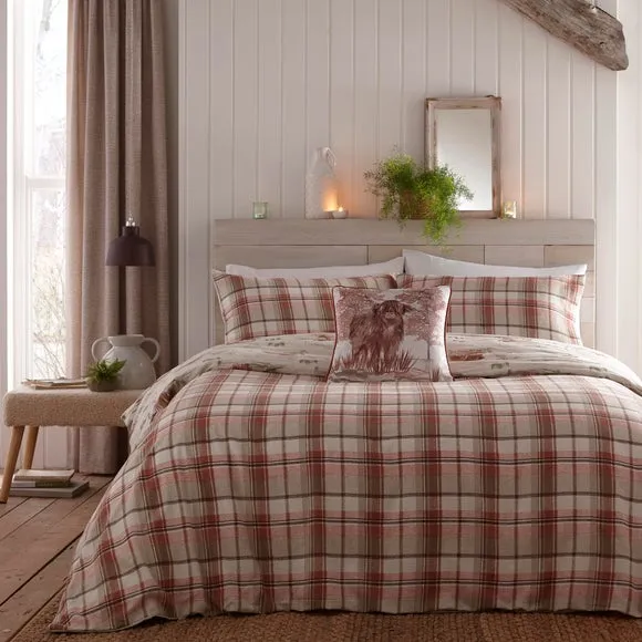 Dreams & Drapes Lodge Hanson Highland Cow Terracotta 100% Brushed Cotton Duvet Cover & Pillowcase Set 4