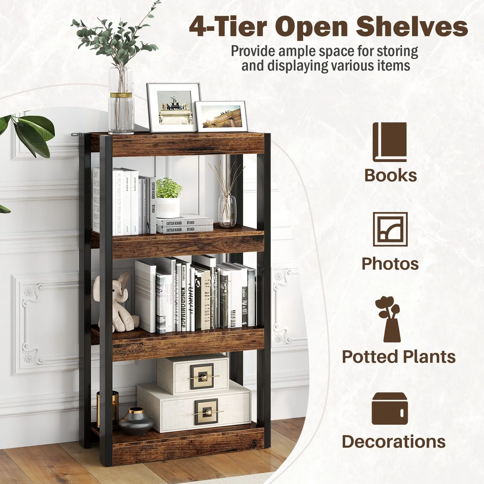 Costway 4 Tier Bookshelf Wooden Bookcase with Dual Anti-Tipping Kits-Coffee in Brown 3
