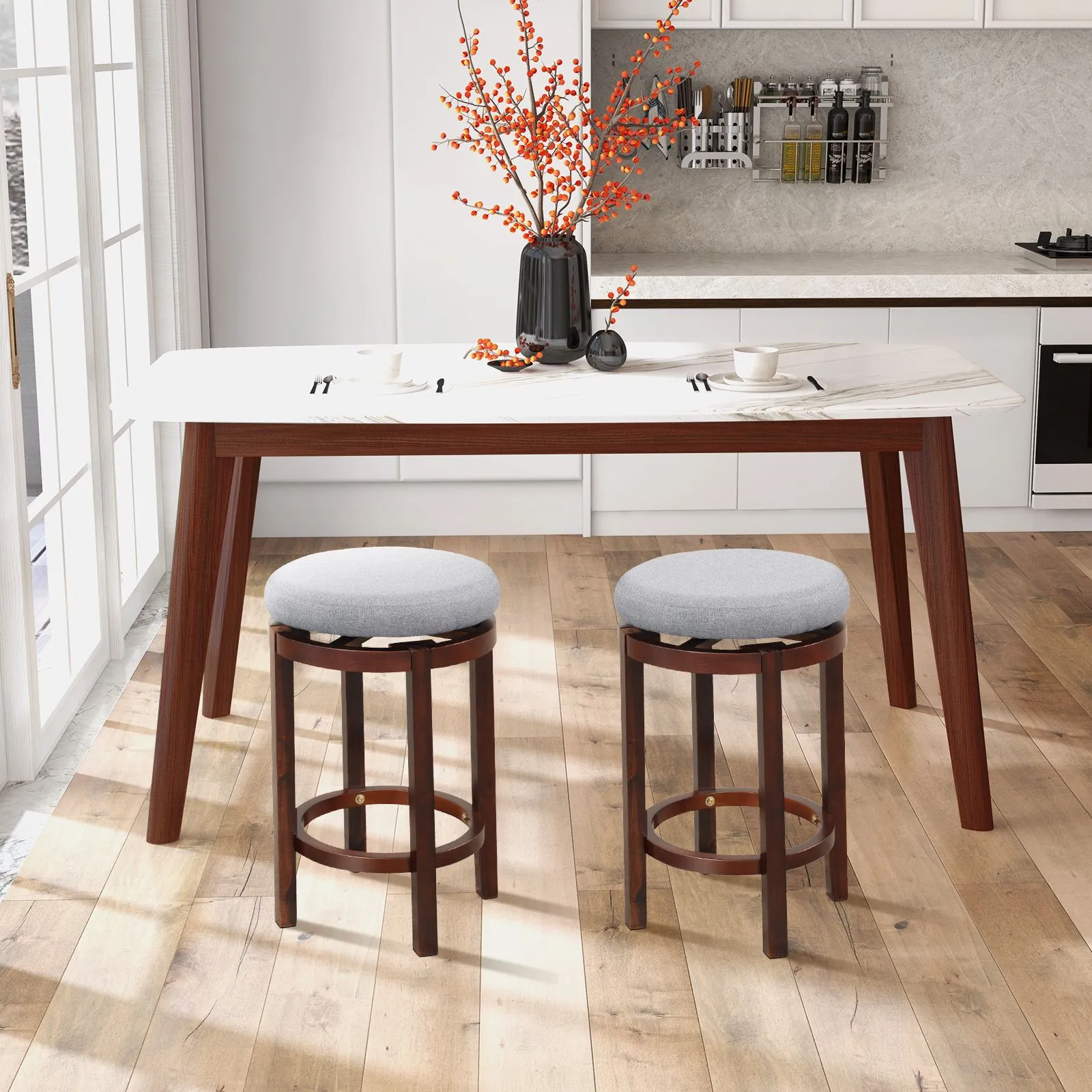 Costway Set of 2 Bar Stools Wooden Counter Height Chair 360° Swivel Kitchen Padded Seat in Grey 4