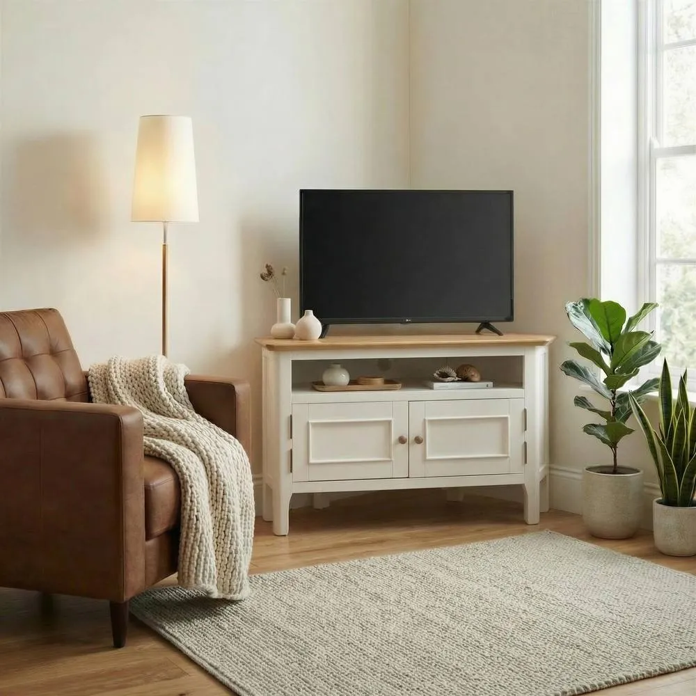FurnitureboxUK Belle Oak Wood & Cream Corner TV Stand