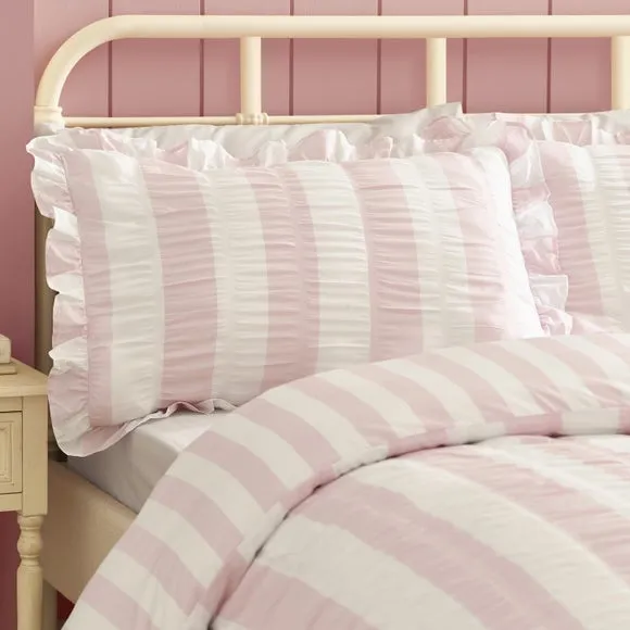 Catherine Lansfield Seersucker Frill Stripe Polycotton Duvet Cover & Pillowcase Set 2