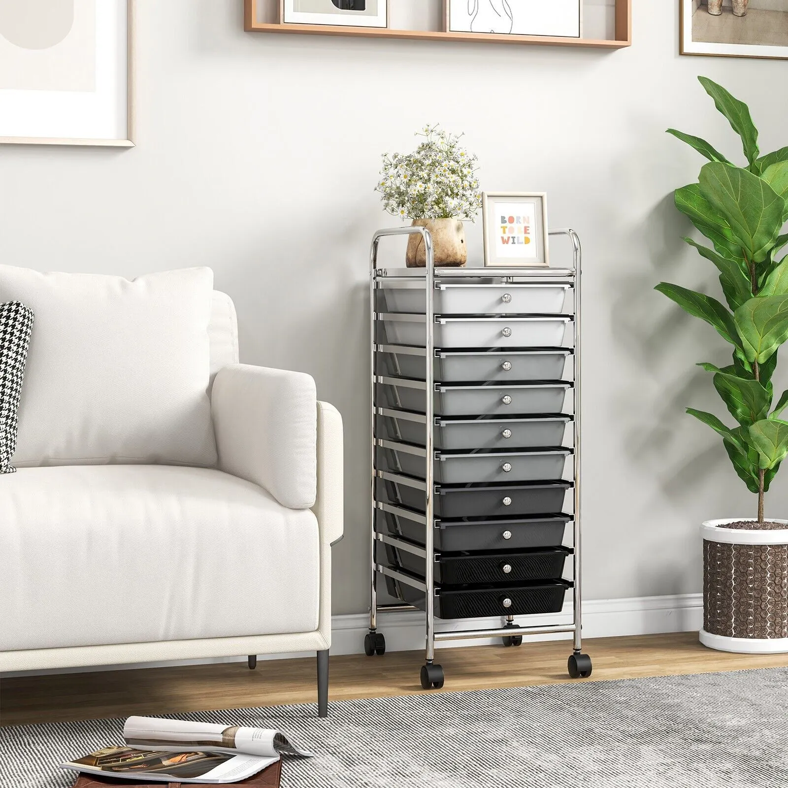 Costway 10 Drawers Storage Trolley Mobile Rolling Utility Cart Home Office Organizer in Grey 5
