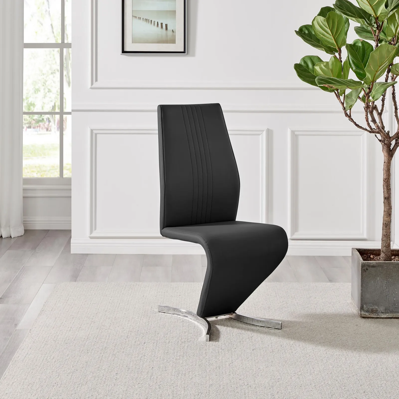 FurnitureboxUK Set of 2 Willow Contemporary Z Shaped Faux Leather Dining Chairs With Silver Chrome Metal Legs in Black 5