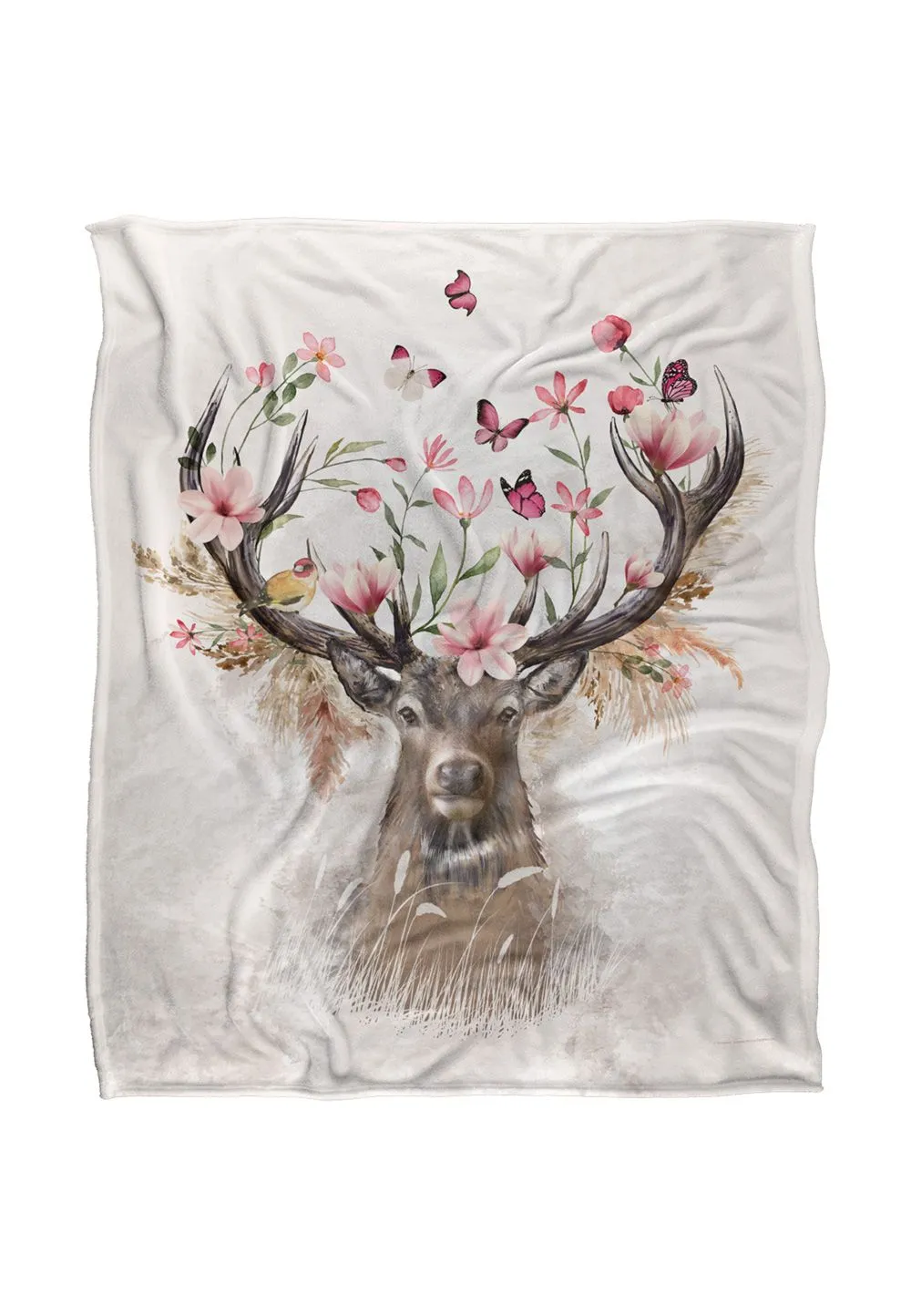 Reinders Floral Deer Silky Touch Super Soft Throw Blanket 152 X 127 cm in White