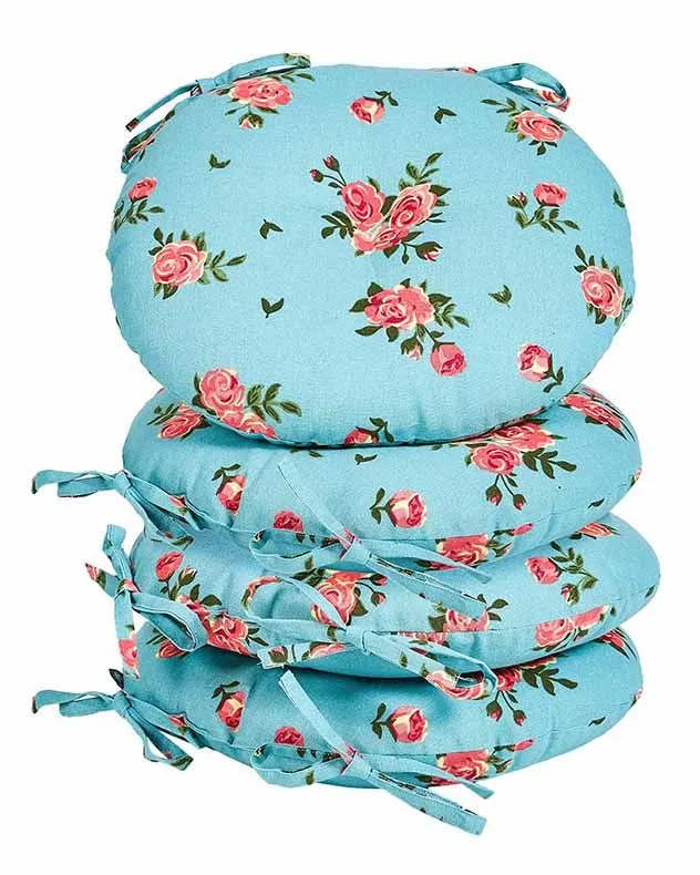 Dibor Set of 4 Blue Rose Round Summer Outdoor Garden Chair Seat Pad Cushions Dia 40cm 2