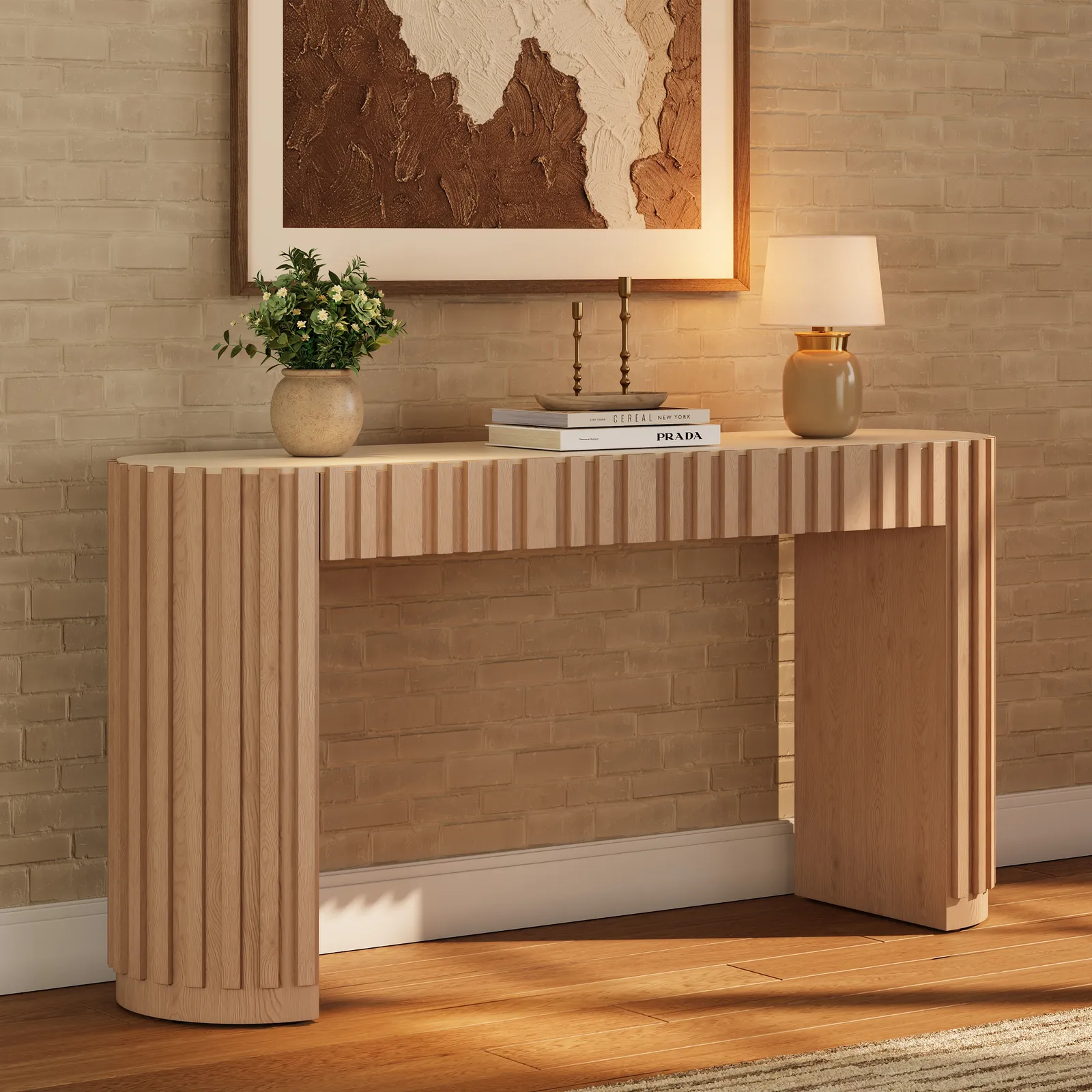 Aura 60" Ash Wood Fluted Natural Console Table With Sintered Stone Top