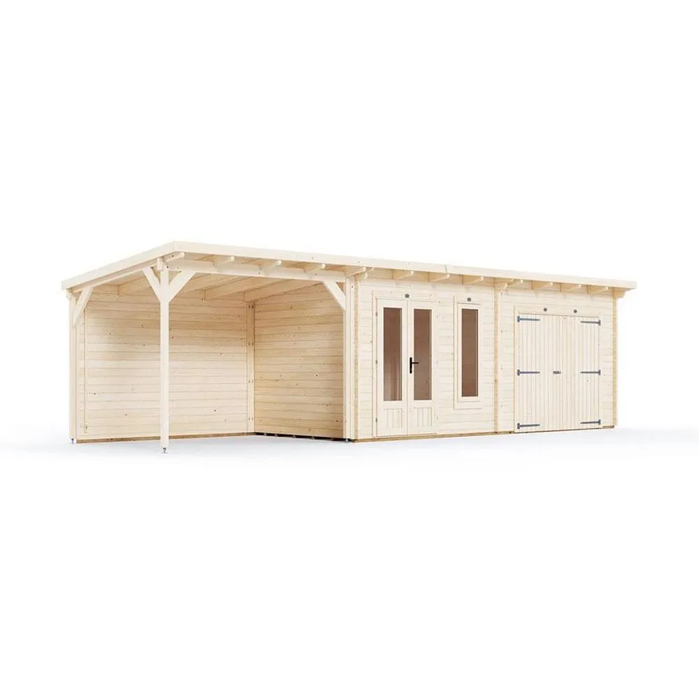 Dunster House Wooden Log Cabin With Gazebo 9.0m x 2.5m, EvilGenius in Beige