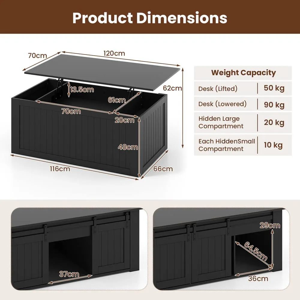 Costway 120 cm Farmhouse Center Table Lift Top Coffee Table with Doors Black 2