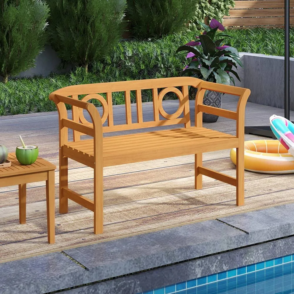 Costway Outdoor Bench Acacia Wood 2-Person Patio Loveseat w/Backrest& Armrests in Natural