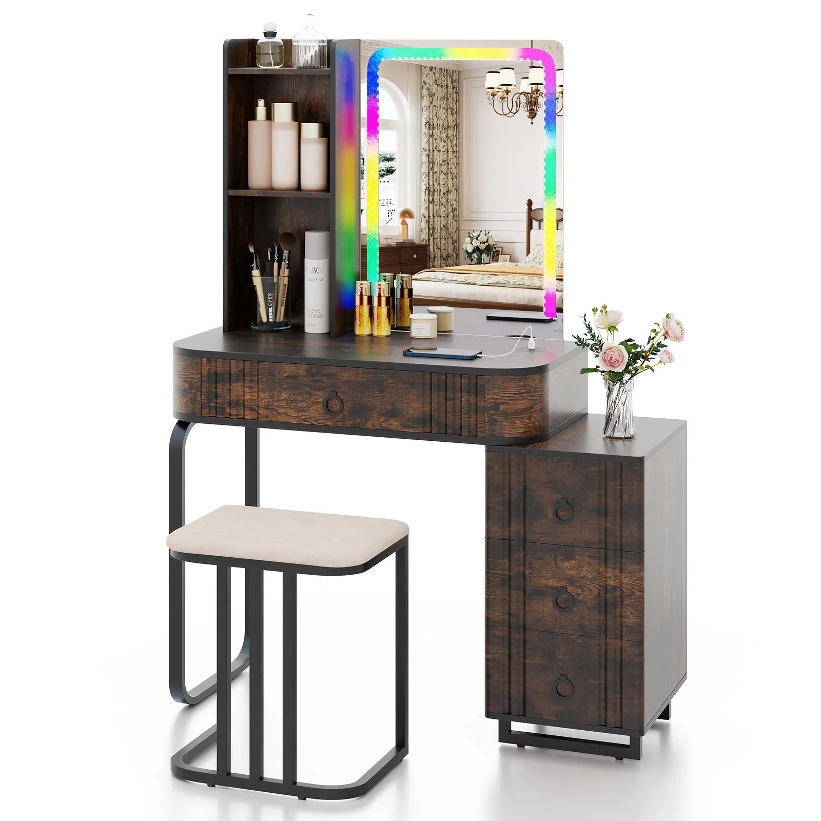 Costway RGB Vanity Table Set Bedroom Dressing Table w/ Mirror & Lights in Brown