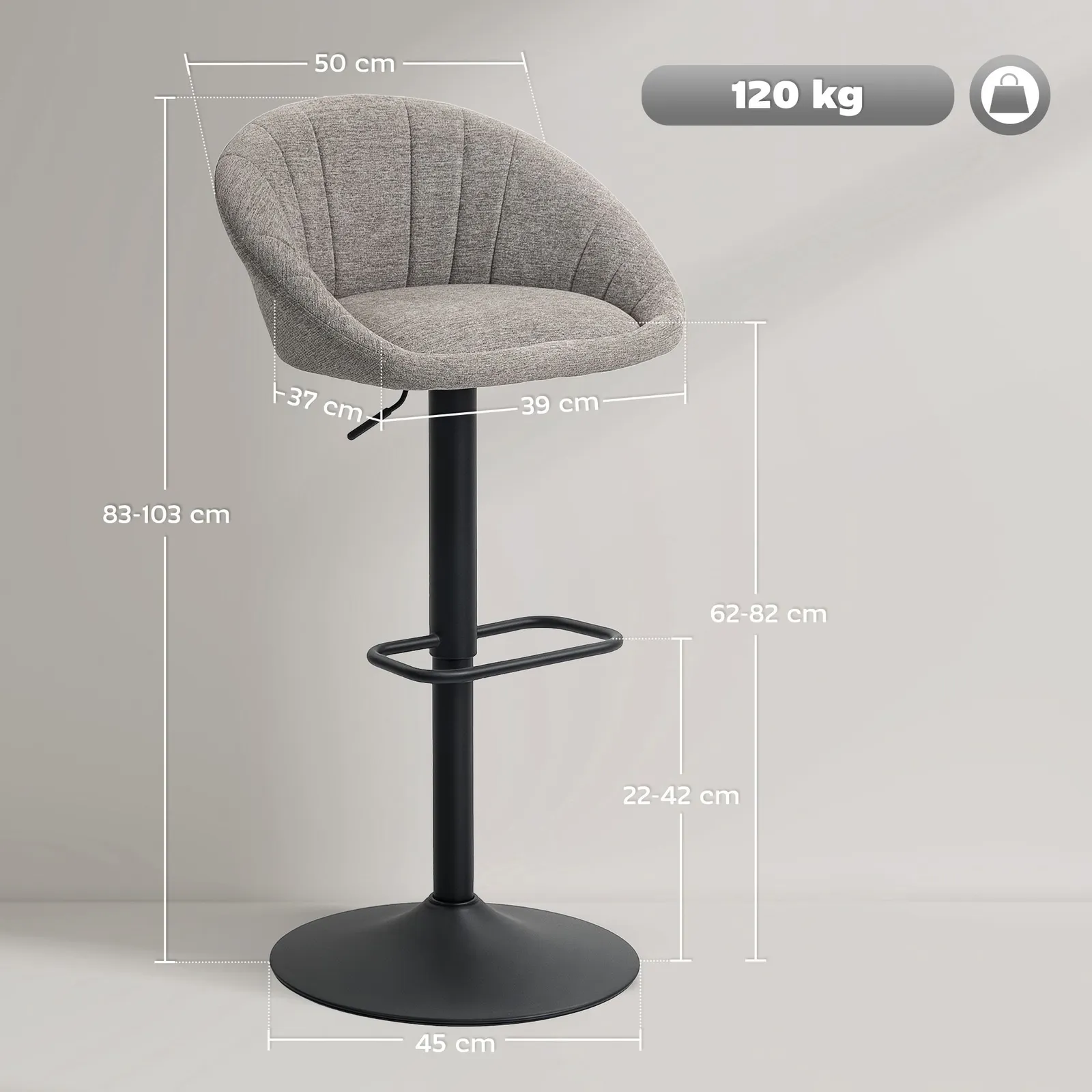 HOMCOM Swivel Bar Stools Set of 2 Height Adjustable Bar Chairs in Grey 3