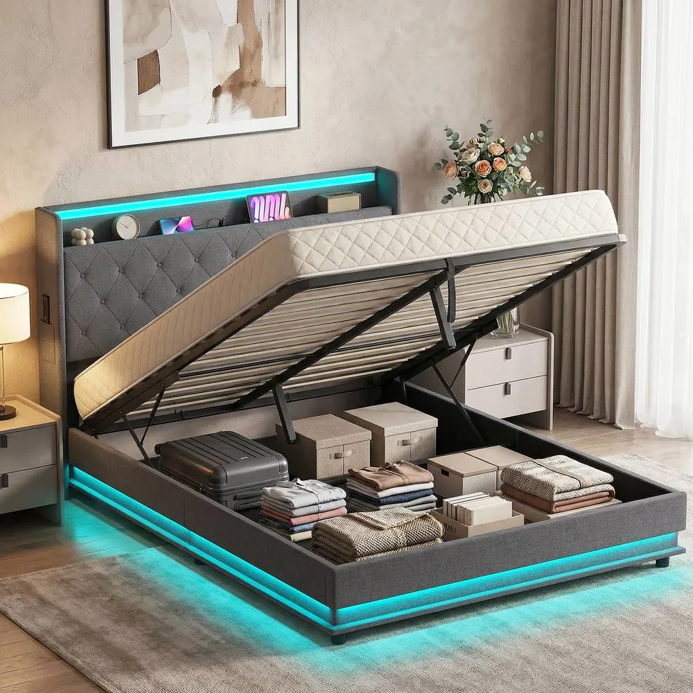 HOMCOM Lift up Storage Bed Frame with RGB LED Lights, 150 x 200cm, Dark Grey