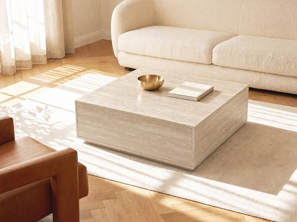 Vente-unique Coffee Table With 2 Drawers In MDF - W90 Cm - Beige Travertine Effect 3