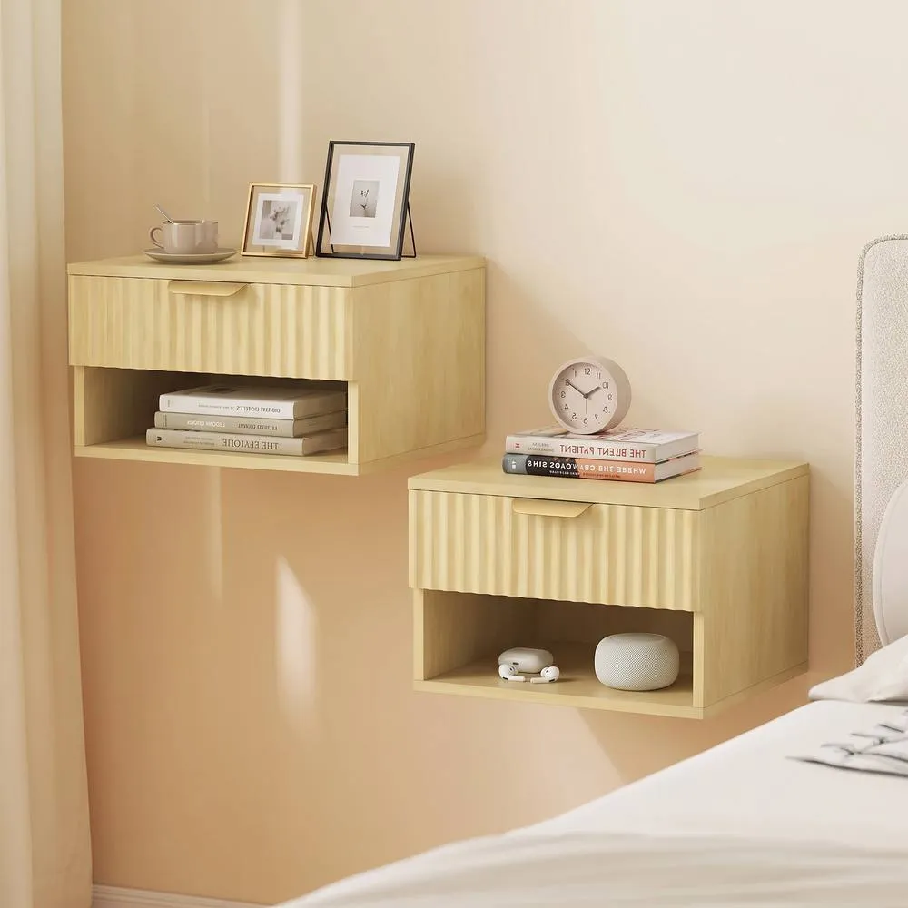 HOMCOM Floating Nightstands Set of 2, Wall Mounted Bedside Tables, Oak in Light Oak 2