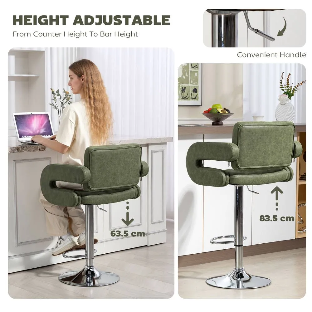 HOMCOM Adjustable Height Barstool Steel Pole PU Leather Bistro in Green 4