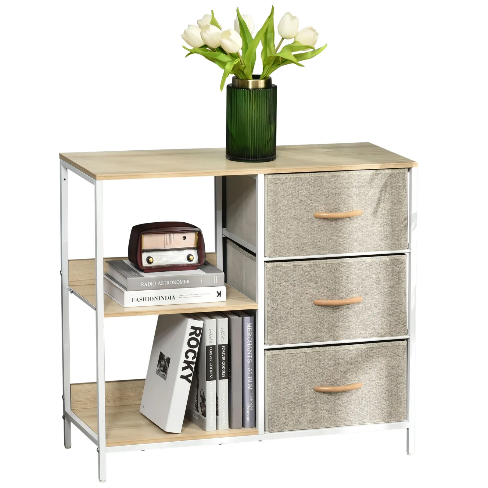 HOMCOM Cabinet Organizer 3 Drawer Chest Dresser Tower w/ 2 Shelves for Bedroom in Beige 2