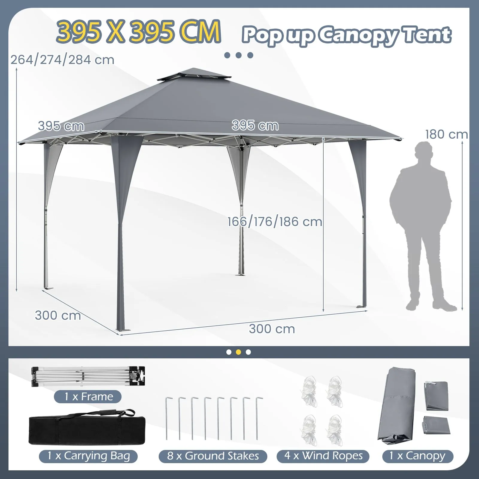 Costway 395 x 395 cm Pop up Canopy Tent Outdoor Easy Setup Gazebo in Grey 3