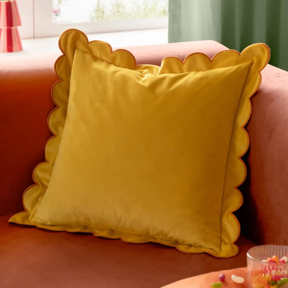 Furn Lil Scallop Velvet Cushion in Yellow