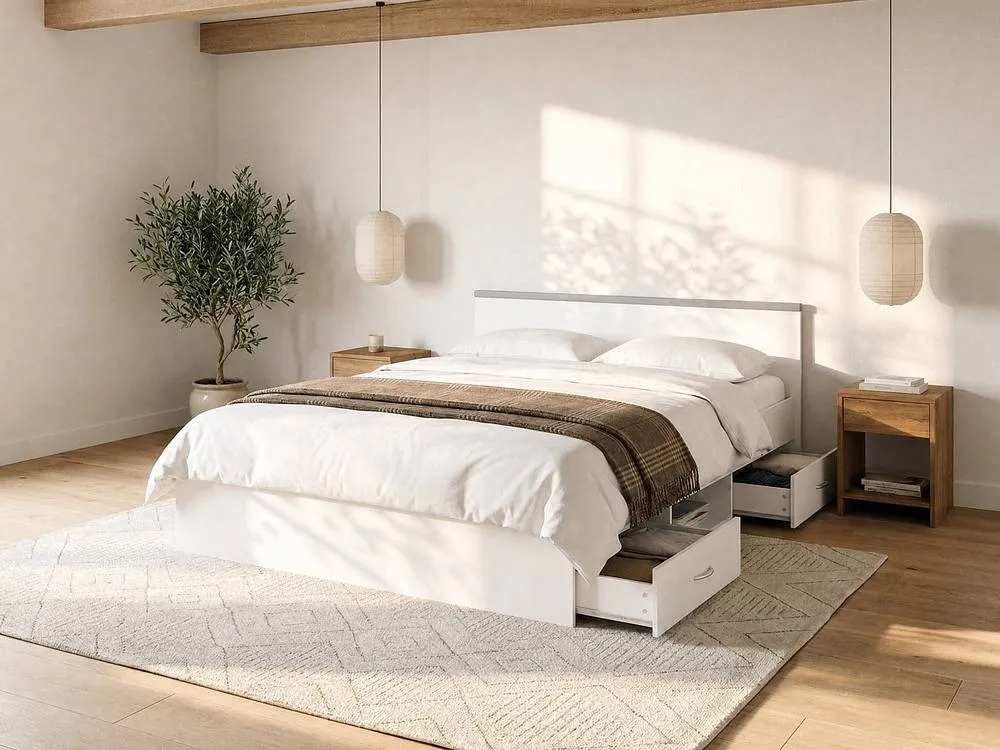 Vente-unique Bed With Storage 140 X 190 Cm - 2 Drawers & 1 Open Compartment in White 3