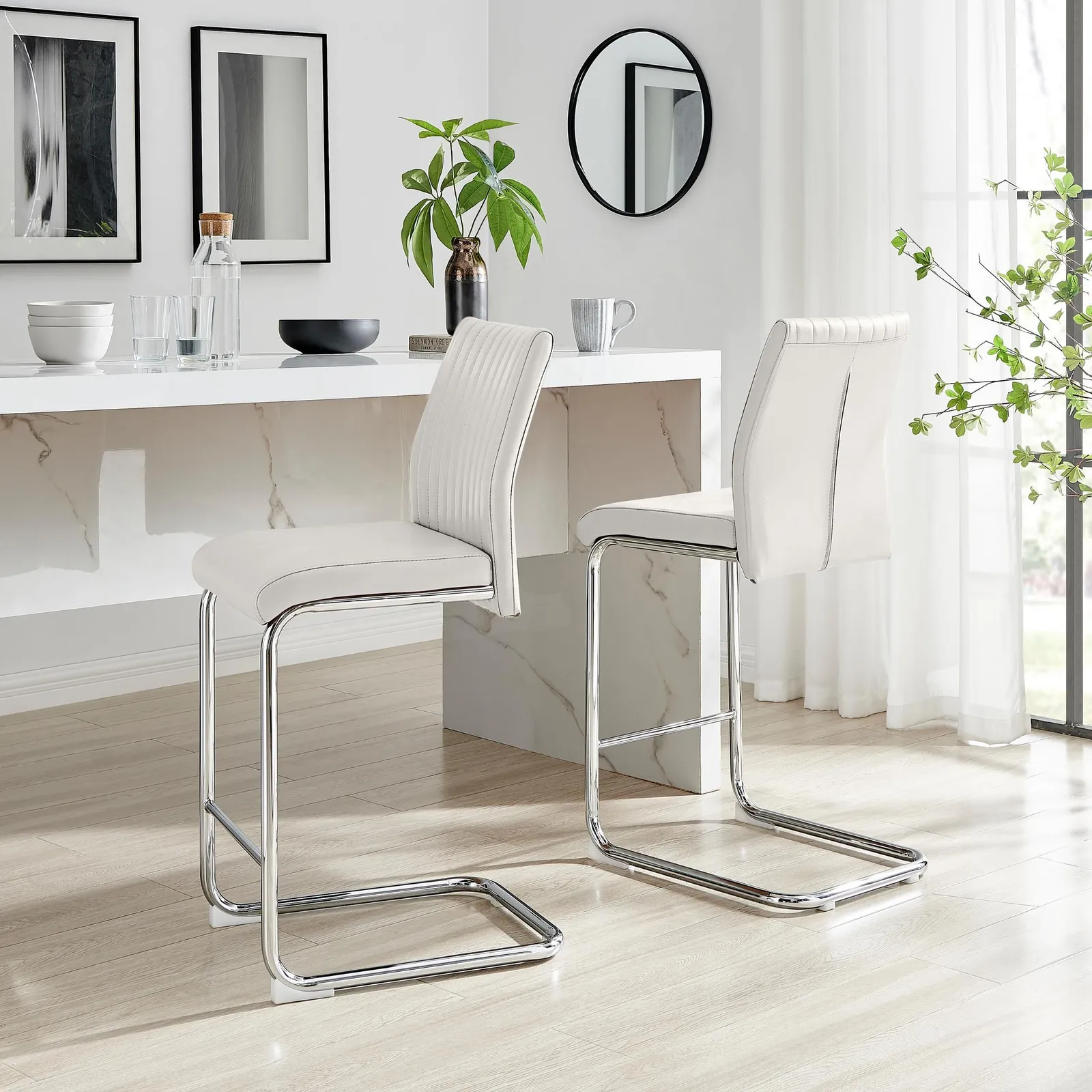 FurnitureboxUK Lorenzo 2x Faux Leather & Silver Counter Stools in Off-White