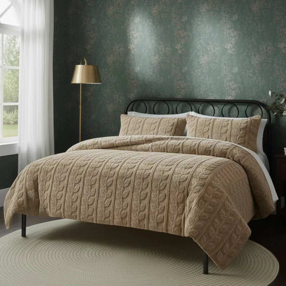 Snug City Ultra Soft Teddy Duvet Cover Set Leaves Embossed Cozy Fleece Bedding in Beige