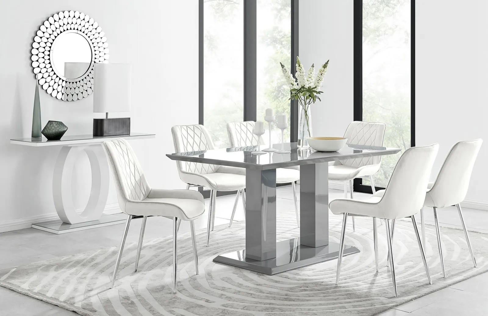 FurnitureboxUK Imperia 6 Grey Dining Table & 6 Pesaro Silver Leg Chairs in Cream 1