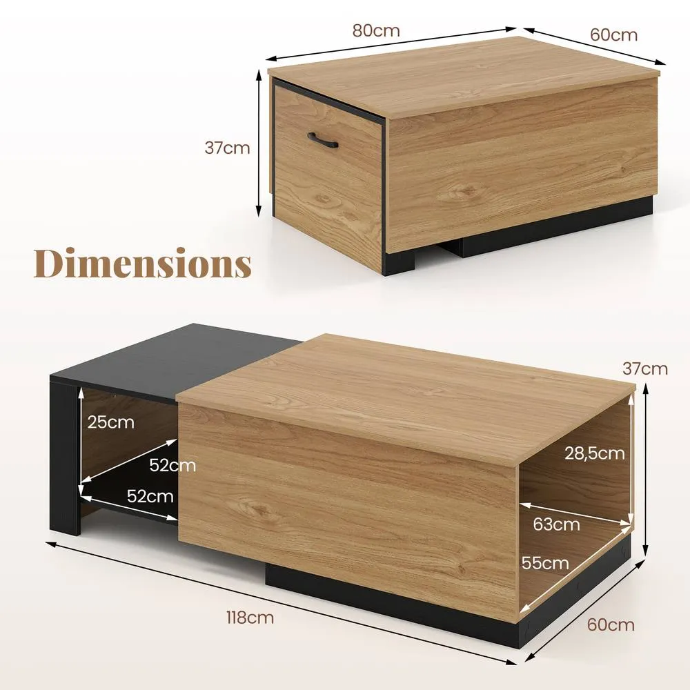 Costway Wooden Rectangle Extendable Coffee Table with Sliding Tabletop in Natural 2