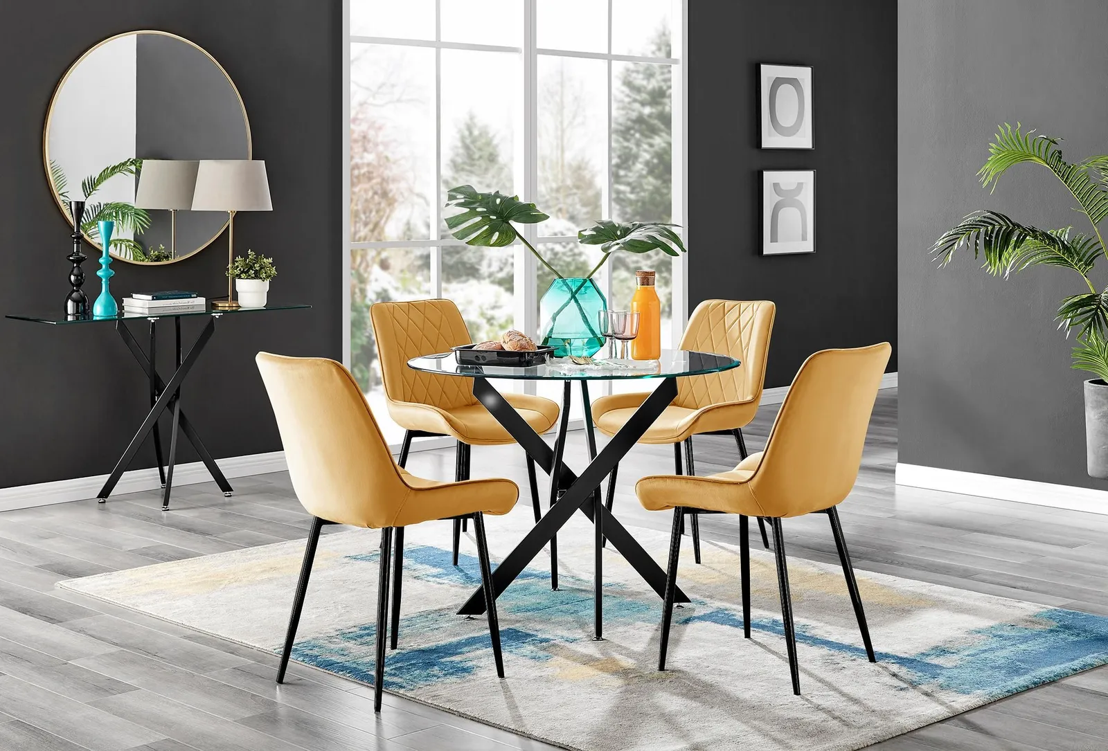 FurnitureboxUK Novara 4 Seater Black Leg Round Glass Dining Table & 4 Pesaro Soft Velvet Black Leg Chairs in Mustard 1