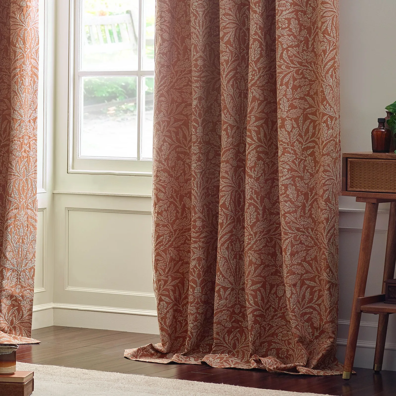 Morris & Co Acorn Tonal Fully Lined Matt Jacquard Pencil Pleat Curtains in Red 4